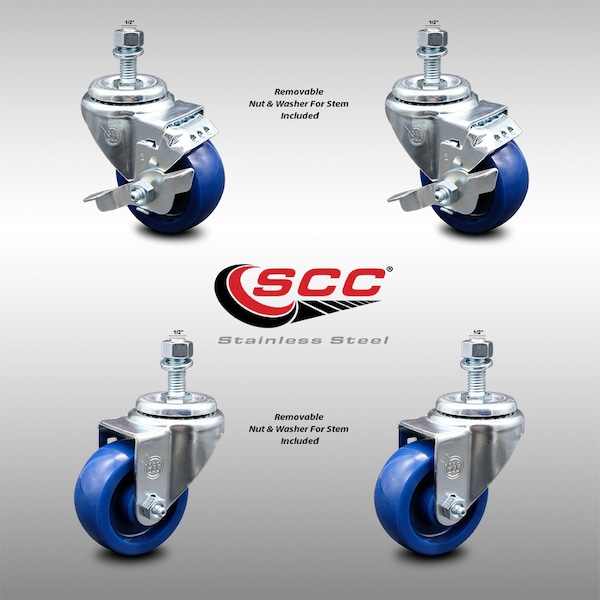 Service Caster 3 Inch SS Solid Polyurethane Swivel 1/2 Inch Threaded Stem Caster Brakes SCC, 2PK SCC-SSTS20S314-SPUS-121315-2-TLB-2 - main